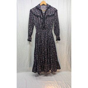 Vintage womens sz small hand made cotton dress full skirt ruffle western long H2
